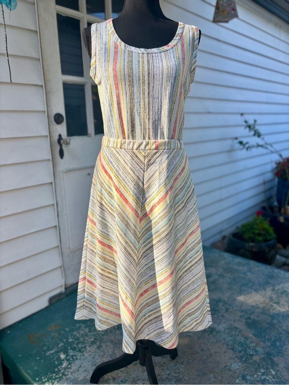 Vintage 60s 70s Caper-Mates 3 Piece Striped Set Chevron Skirt Shirt Tank 11/12